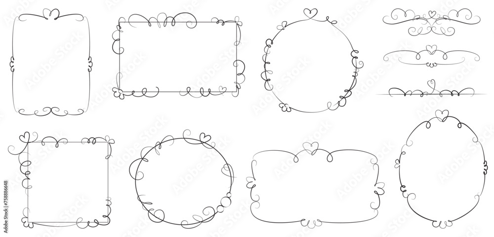 Obraz premium Set of elements, templates - cute vector hand drawn sketchy black outline frames, vignettes, page dividers with decorative elements, careless curls, spirals, hearts.