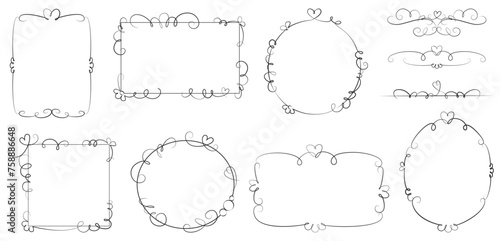 Set of elements, templates - cute vector hand drawn sketchy black outline frames, vignettes, page dividers with decorative elements, careless curls, spirals, hearts.