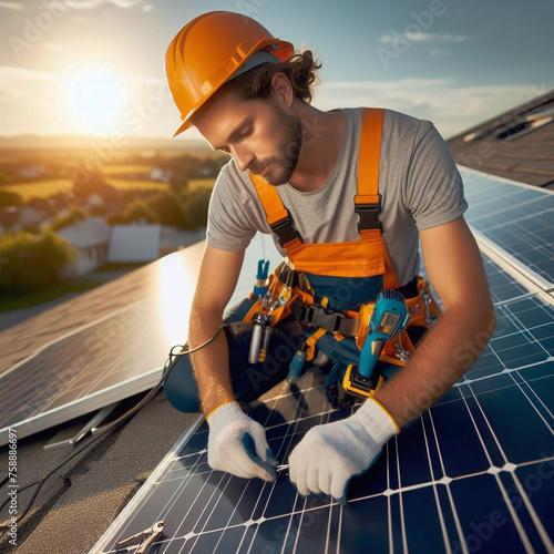 A technician installing solar panels on the roof of a house