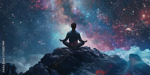 Open the mind into the universe and feel the spiritual aweking young man meditating on a meteor in the galaxy background