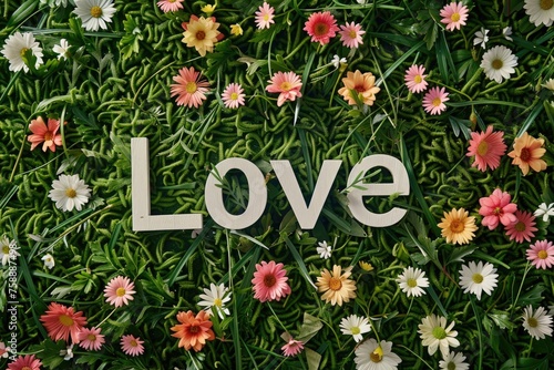 White love text on green floral background