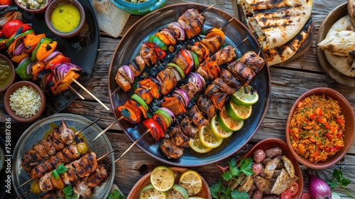 Dinner table with grilled lamb kebab, chicken skewers with roasted vegetables and appetizers variety serving on wooden outdoor table.