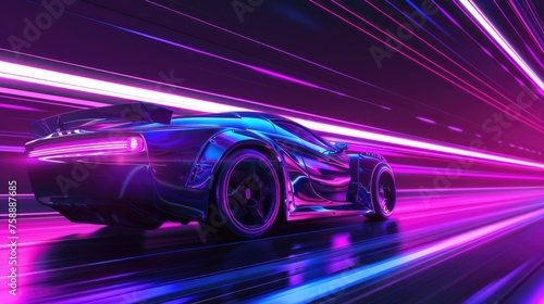Purple neon glowing in the dark electric car on high speed running concept.