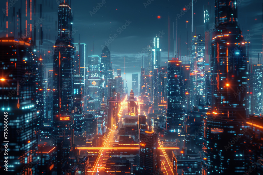 3d render of Cyber punk night city landscape concept. Light glowing on dark scene. 