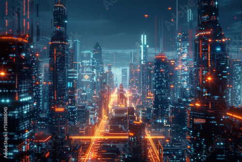 3d render of Cyber punk night city landscape concept. Light glowing on dark scene. © imlane