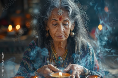 Senior female gypsy fortune-teller has a spiritistic sуance with a client in a dimly lit chamber filled with incense smoke and the soft glow of candlelight. Mysticism and future prediction concept photo