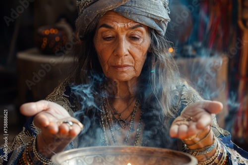 An old gypsy woman fortuneteller does fortune-telling in a dimly lit chamber filled with exotic artifacts and fragrant incense. Soft candlelight bathes the scene and adding to the mystical ambiance photo