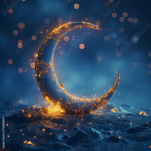Shiny blue and golden crescent moon on blue background for the occasion of Muslim community festival Eid-Al-Fitr, ai technology