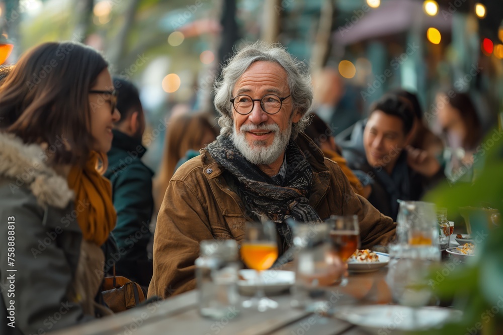 Elderly man with young woman gathering around a table at an outdoor cafe, they sharing stories and laughing while having dinner. Friendship and age diversity concept