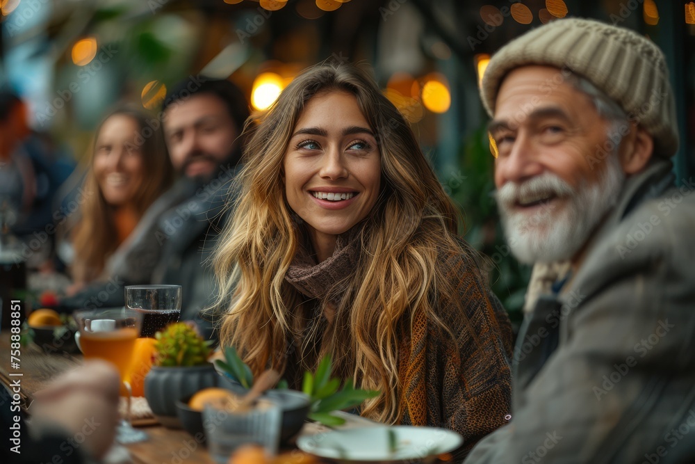 Smiling young woman chatting with elderly man, gathering around a table at an outdoor cafeteria or reastaurant. They eating and laughing. Friendship and age diversity concept