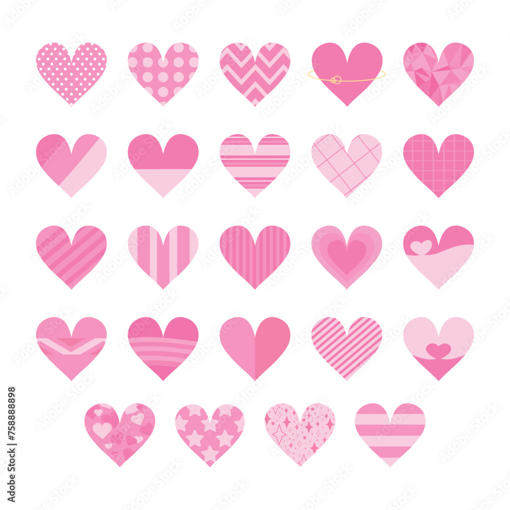 Pink heart icon collection with various patterns. Dots, stripes and various ornaments. Decoration elements for greeting and love cards. Vector illustration