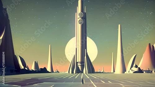 Retrofuturistic landscape in 80s sci-fi style. Retro science fiction scene with futuristic buildings photo