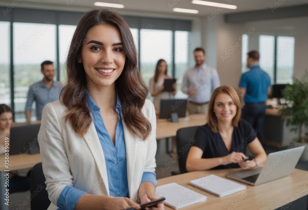 A businesswoman smiling with a tablet in a busy office. A businesswoman smiling with a tablet in a busy office.
