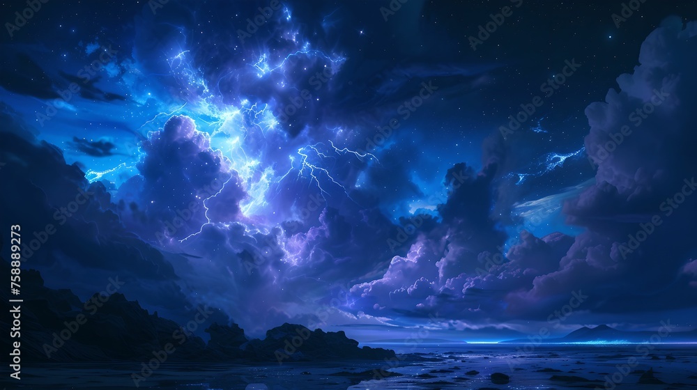 Intense Thunder and Lightning in the Night Sky, weather, electrical storm, atmospheric, dramatic