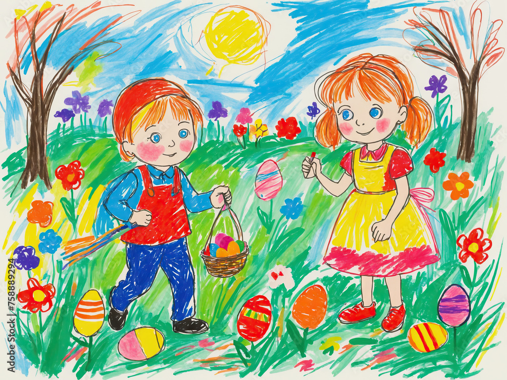 kids search for easter eggs in spring garden childish crayon drawing hand drawn illustration style kids search for easter eggs in spring garden childish crayon drawing hand drawn illustration style