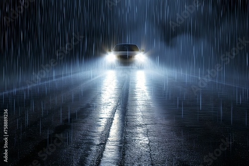 Car Headlights on Rainy Night Drive, straight road, road trip, vehicle lights, rainy weather