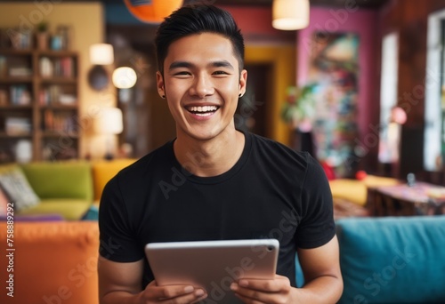 A smiling man in a casual setting using a tablet, exuding friendliness and digital competence.