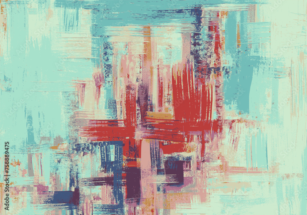 Vector abstraction rough oil paint strokes on canvas. Abstract painting, azure and red color textured pattern, grungy artistic background