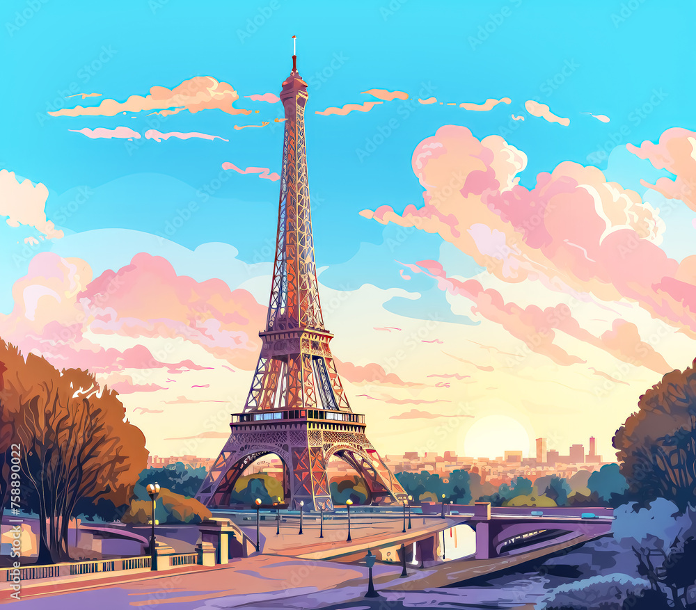 Eiffel Tower in Paris City of France Landscape for Travel Poster