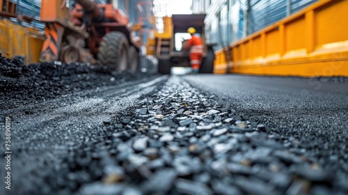 Firm Foundation Layer of Asphalt Pavement Showcasing Coarse Aggregate Material in Industrial Workplace Style