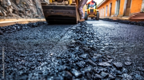Fundamental Asphalt Pavement Foundation Layer with Coarse Aggregate and Heavy Machinery photo