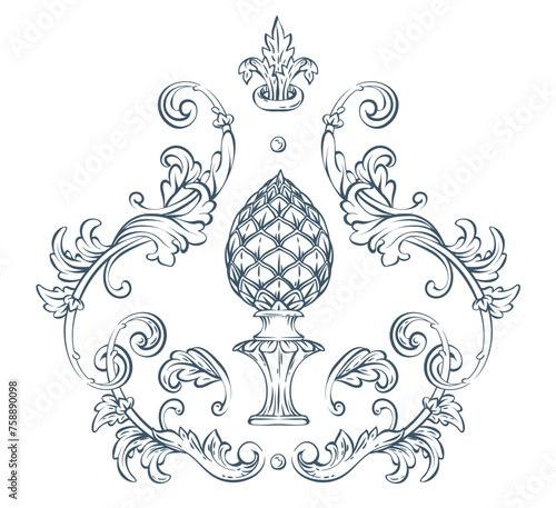 Luxury decorative vector element with pine cone, baroque monogram, renaissance emblem, luxury label