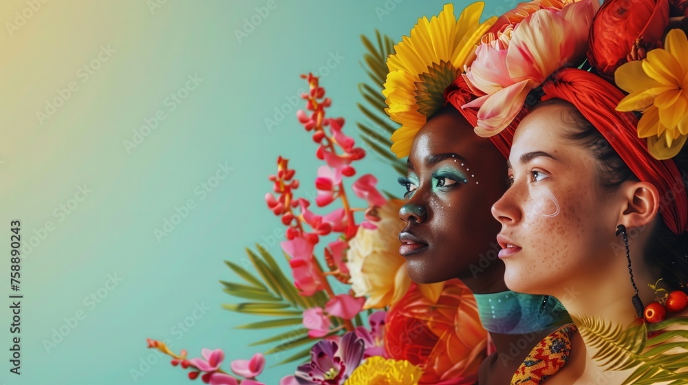 Naklejka premium Grupa kobiet stoi razem, mając kwiaty we włosach. Kwiaty sprawiają, że ich wygląd jest kolorowy i świeży. Idealne dla przedstawienia urody dla różnych kolorów skóry.