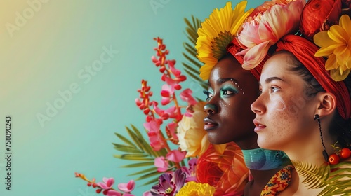 Grupa kobiet stoi razem, mając kwiaty we włosach. Kwiaty sprawiają, że ich wygląd jest kolorowy i świeży. Idealne dla przedstawienia urody dla różnych kolorów skóry.