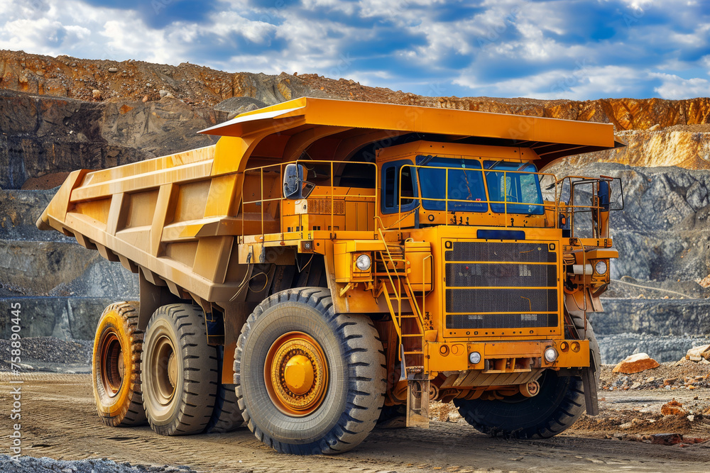 A mining dump truck navigates through the quarry, its enormous tires gripping the rugged terrain as it transports heaps of earth and minerals.