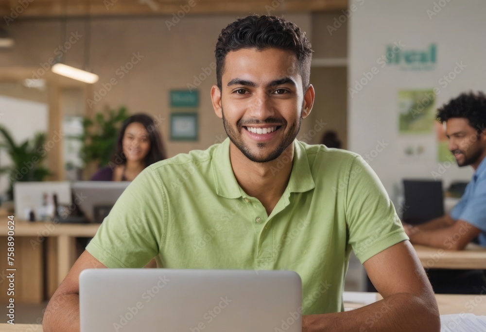 A young man in a green polo shirt smiling while working on his laptop in an office environment. A young man in a green polo shirt smiling while working on his laptop in an office environment.