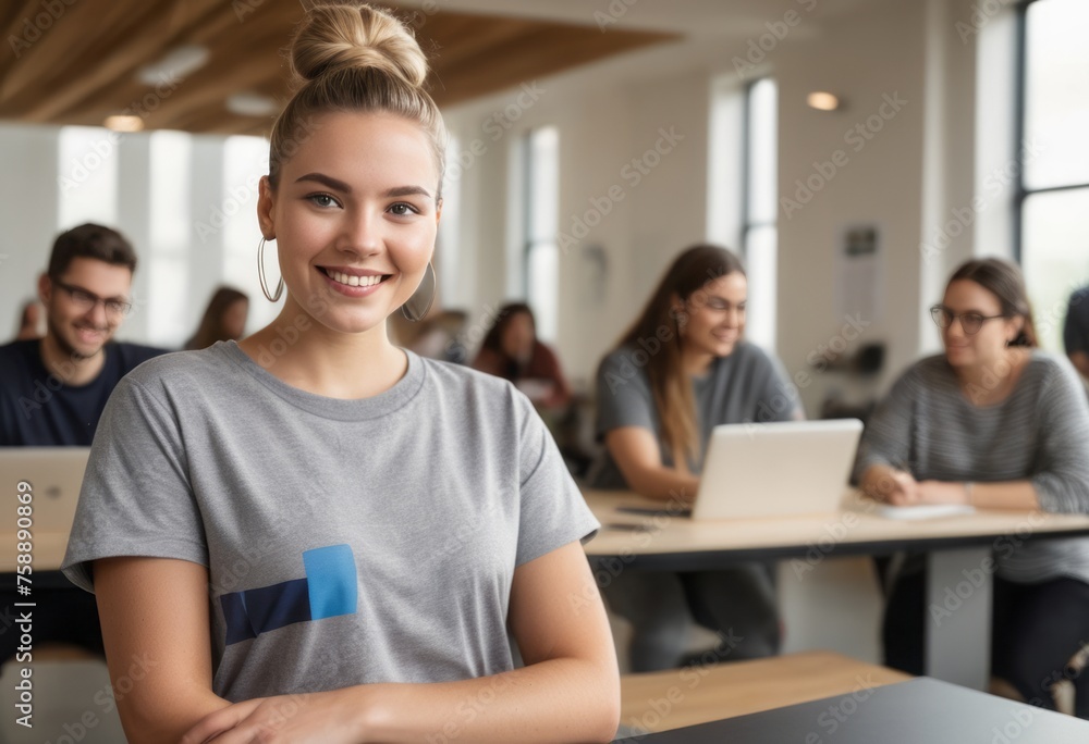 Young woman in a classroom with peers. Looking at camera with a focused, academic setting behind her. Young woman in a classroom with peers. Looking at camera with a focused, academic setting behind her.