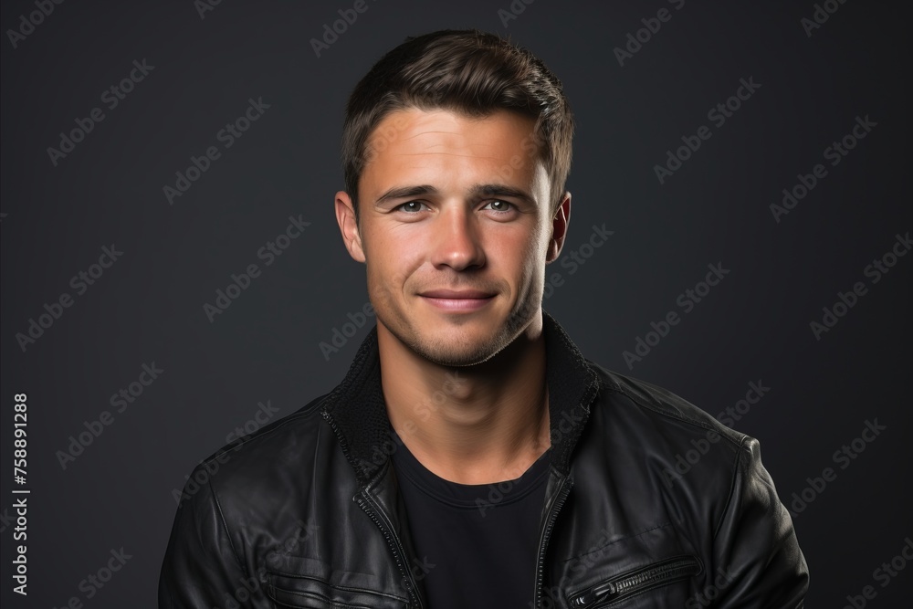 Portrait of a handsome young man in a black leather jacket. Portrait of a handsome young man in a black leather jacket.