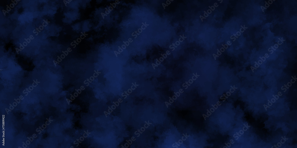 Abstract dark blue watercolor cloudiness, mist, or smog background. Dark navy blue sky with black background and blurred pattern. Vivid textured aquarelle painted art design background.