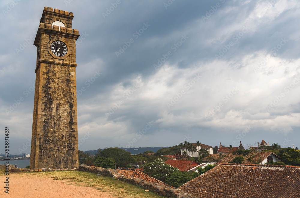 Clock tower in Galle Sri Lanka dutch fort. UNESCO World Heritage Site.