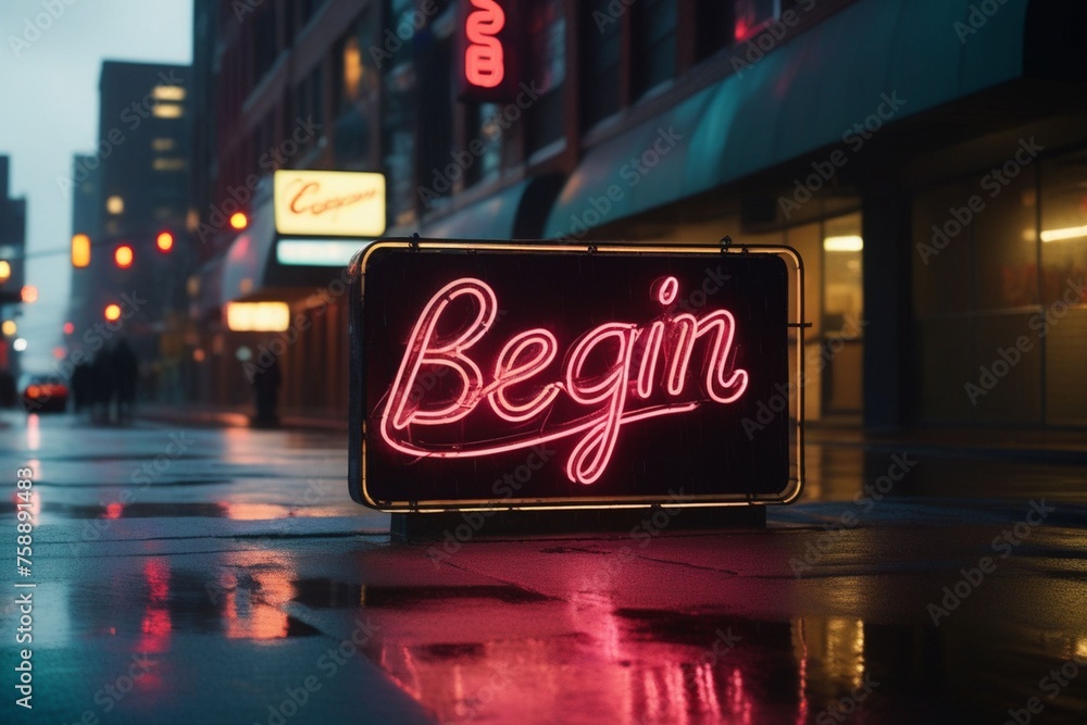 Slogan begin neon light sign text effect on a rainy night street, horizontal composition