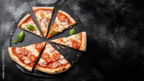 Top view of pizza slices lying on a dark abstract background.