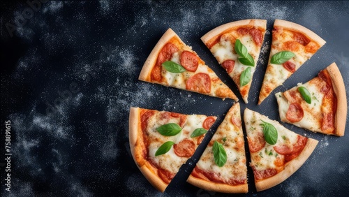 The pizza is cut into pieces from the side on an abstract background top view.
