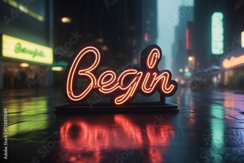 Slogan begin neon light sign text effect on a rainy night street, horizontal composition