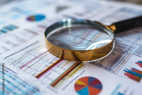 Magnifying Glass Over Financial Reports, analysis, data, business, finance