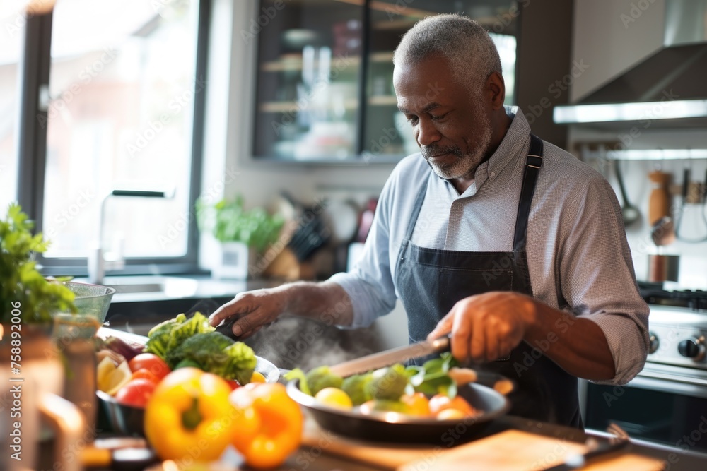 Senior male enjoying cooking in modern kitchen. Senior male enjoying cooking in modern kitchen.