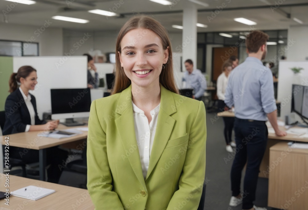 A young businesswoman in a lime blazer smiling in an office environment, showing leadership and positivity. A young businesswoman in a lime blazer smiling in an office environment, showing leadership and positivity.