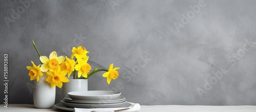 Monochrome table setting with daffodil flowers on cement background