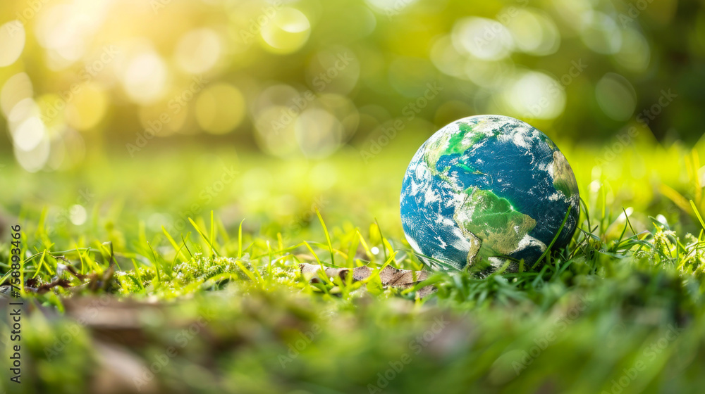 Planet Earth rests among grass with fresh sprouts around, showcasing the delicate interplay between global ecology and nature in sunlight