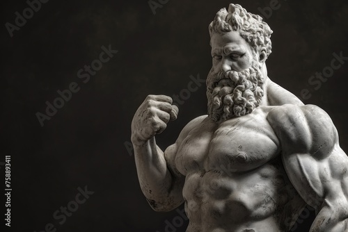 Antique statue of a muscular man with a beard and prominent sculpted muscles, showing powerful biceps