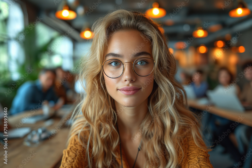 A beautiful young business woman with glasses, with long blond hair, is at a business meeting with men and looks straight. Men on blurred background, focus and attention on woman A beautiful young business woman with glasses, with long blond hair, is at a business meeting with men and looks straight. Men on blurred background, focus and attention on woman
