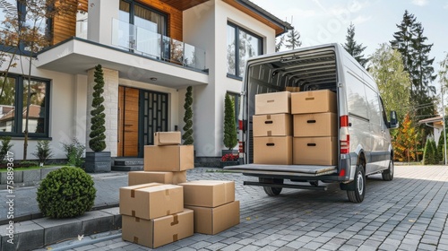 Moving Van On Street With Ramp, Boxes And Household Furnishings © Nataliya