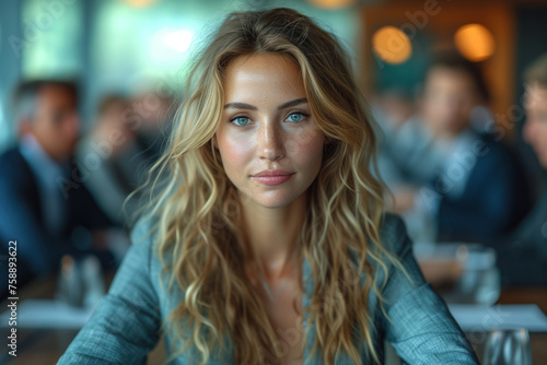 A beautiful young business woman with long blond hair is at a business meeting with men and looks straight. Men at a meeting against a blurred background, focus and emphasis on the woman