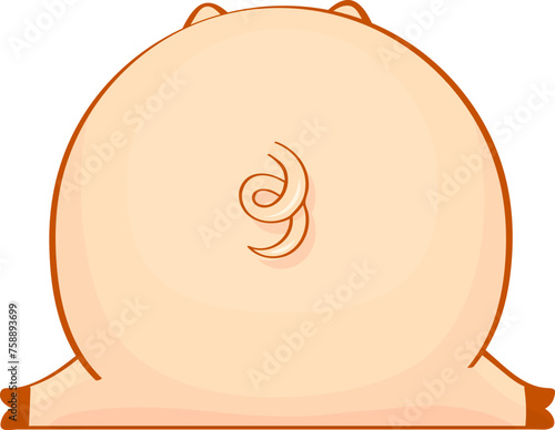 Big pig from back. Cute pig's butt with a tail isolated on white. Hand drawn vector design.