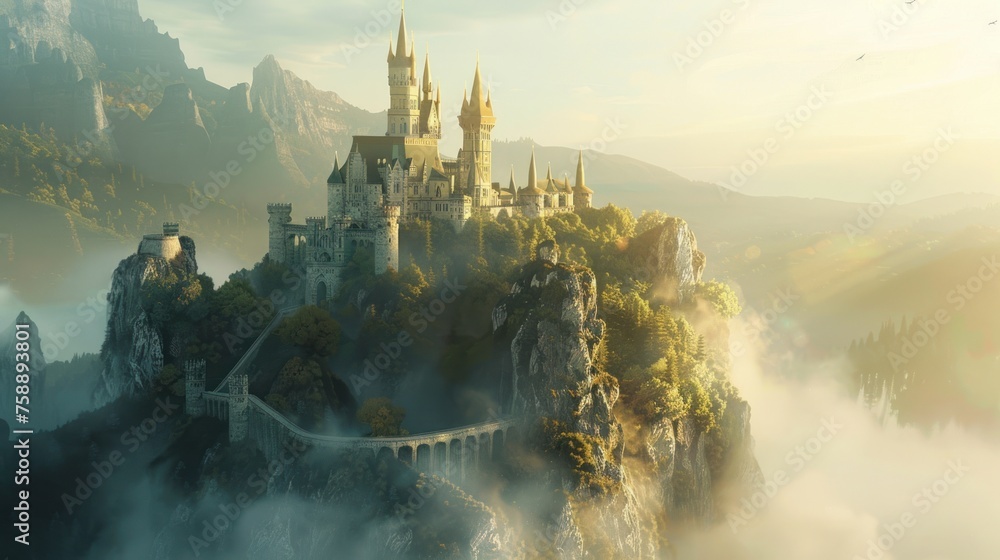 Fairy Tale Castle on a misty cliff sunrise illuminating spires - obrazy, fototapety, plakaty 