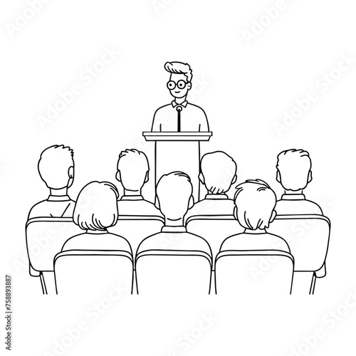 Lector man speech behind podium on conference with audience spectators back, doodle line drawing. Speaker on tribune by leader, businessman, teacher talking. Vector minimalist outline